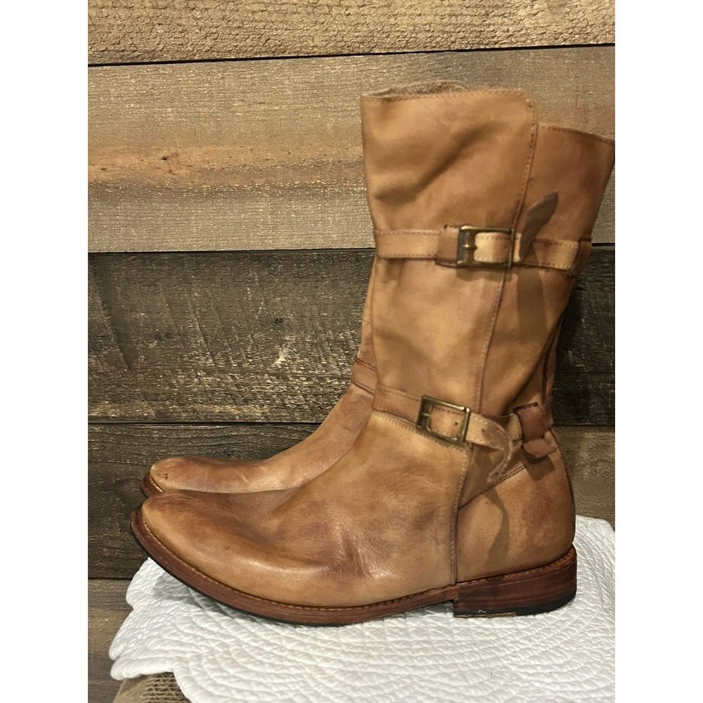 Bed Stu Rustic Tan Mid-Calf Double Buckle Moto Motorcycle Boots Women's Size 9.5